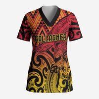 New Zealand Rangatira Custom Scrub Top Red and Gold Niho Taniwha Maori Tribal - Polynesian Pride