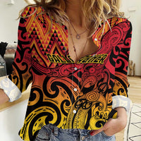 New Zealand Rangatira Custom Women Casual Shirt Red and Gold Niho Taniwha Maori Tribal