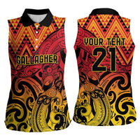 New Zealand Rangatira Custom Women Sleeveless Polo Shirt Red and Gold Niho Taniwha Maori Tribal