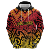 New Zealand Rangatira Custom Zip Hoodie Red and Gold Niho Taniwha Maori Tribal