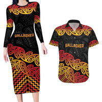 New Zealand Rugby Pacific Custom Couples Matching Long Sleeve Bodycon Dress and Hawaiian Shirt Rangatira Maori Kowhaiwhai Pattern LT9 Gold - Polynesian Pride