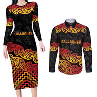 New Zealand Rugby Pacific Custom Couples Matching Long Sleeve Bodycon Dress and Long Sleeve Button Shirt Rangatira Maori Kowhaiwhai Pattern LT9 Gold - Polynesian Pride