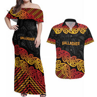 New Zealand Rugby Pacific Custom Couples Matching Off Shoulder Maxi Dress and Hawaiian Shirt Rangatira Maori Kowhaiwhai Pattern LT9 Gold - Polynesian Pride