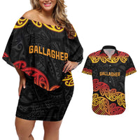 New Zealand Rugby Pacific Custom Couples Matching Off Shoulder Short Dress and Hawaiian Shirt Rangatira Maori Kowhaiwhai Pattern LT9 Gold - Polynesian Pride