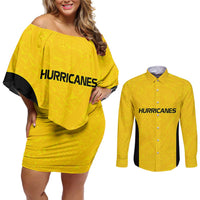 New Zealand Rugby Pacific Custom Couples Matching Off Shoulder Short Dress and Long Sleeve Button Shirt Hau Awhiowhio Maori Tribal Tattoo LT9 Gold - Polynesian Pride