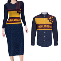New Zealand Rugby Pacific Custom Couples Matching Long Sleeve Bodycon Dress and Long Sleeve Button Shirt Kahupeka Retro 2025 Taniko Motif LT9 Blue - Polynesian Pride