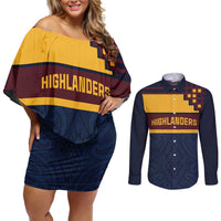 New Zealand Rugby Pacific Custom Couples Matching Off Shoulder Short Dress and Long Sleeve Button Shirt Kahupeka Retro 2025 Taniko Motif LT9 Blue - Polynesian Pride