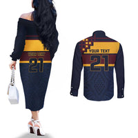 New Zealand Rugby Pacific Custom Couples Matching Off The Shoulder Long Sleeve Dress and Long Sleeve Button Shirt Kahupeka Retro 2025 Taniko Motif LT9 - Polynesian Pride
