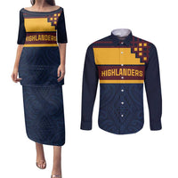 New Zealand Rugby Pacific Custom Couples Matching Puletasi and Long Sleeve Button Shirt Kahupeka Retro 2025 Taniko Motif LT9 Blue - Polynesian Pride