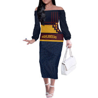 New Zealand Rugby Pacific Custom Family Matching Off The Shoulder Long Sleeve Dress and Hawaiian Shirt Kahupeka Retro 2025 Taniko Motif LT9 Mom's Dress Blue - Polynesian Pride