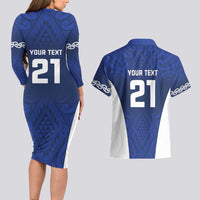New Zealand Rugby Pacific Custom Couples Matching Long Sleeve Bodycon Dress and Hawaiian Shirt Kahurangi Auckland All Blue LT9 - Polynesian Pride