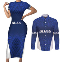 New Zealand Rugby Pacific Custom Couples Matching Short Sleeve Bodycon Dress and Long Sleeve Button Shirt Kahurangi Auckland All Blue LT9 Blue - Polynesian Pride