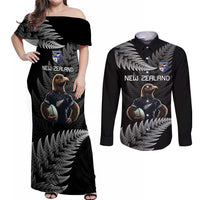 New Zealand Rugby Custom Couples Matching Off Shoulder Maxi Dress and Long Sleeve Button Shirt Glory Be To Black Silver-fern - Polynesian Pride