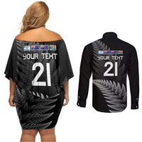 New Zealand Rugby Custom Couples Matching Off Shoulder Short Dress and Long Sleeve Button Shirt Glory Be To Black Silver-fern - Polynesian Pride