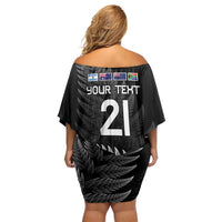 New Zealand Rugby Custom Family Matching Off Shoulder Short Dress and Hawaiian Shirt Glory Be To Black Silver-fern - Polynesian Pride