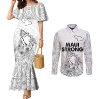 Hawaii Strong Maui Wildfire Couples Matching Mermaid Dress and Long Sleeve Button Shirts No4 LT9 White - Polynesian Pride