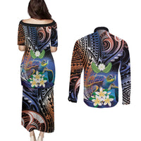 Marshall Islands Kwajalein Atoll Couples Matching Puletasi and Long Sleeve Button Shirt Plumeria Sea Turtle with Polynesian Tribal