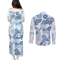 Vintage Hawaii Couples Matching Puletasi Dress and Long Sleeve Button Shirt Hibiscus Tapa Tribal With Hawaiian Quilt Pattern Blue LT9 - Polynesian Pride