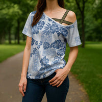 Vintage Hawaii Cross Shoulder Shirt Hibiscus Tapa Tribal With Hawaiian Quilt Pattern Blue - Polynesian Pride