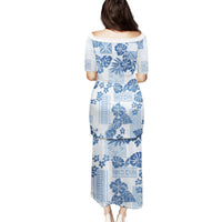 Vintage Hawaii Family Matching Puletasi Dress and Hawaiian Shirt Hibiscus Tapa Tribal With Hawaiian Quilt Pattern Blue LT9 - Polynesian Pride
