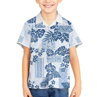 Vintage Hawaii Hawaiian Shirt Hibiscus Tapa Tribal With Hawaiian Quilt Pattern Blue LT9 - Polynesian Pride