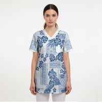 Vintage Hawaii Scrub Top Hibiscus Tapa Tribal With Hawaiian Quilt Pattern Blue - Polynesian Pride