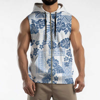 Vintage Hawaii Sleeveless Zip Hoodie Hibiscus Tapa Tribal With Hawaiian Quilt Pattern Blue - Polynesian Pride