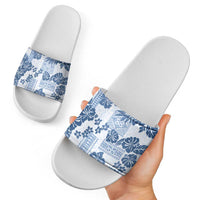 Vintage Hawaii Slide Sandals Hibiscus Tapa Tribal With Hawaiian Quilt Pattern Blue - Polynesian Pride