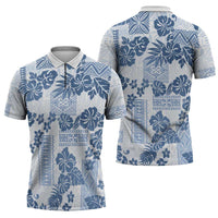 Vintage Hawaii Zipper Polo Shirt Hibiscus Tapa Tribal With Hawaiian Quilt Pattern Blue - Polynesian Pride