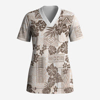 Vintage Hawaii Scrub Top Hibiscus Tapa Tribal With Hawaiian Quilt Pattern Gold - Polynesian Pride