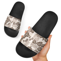 Vintage Hawaii Slide Sandals Hibiscus Tapa Tribal With Hawaiian Quilt Pattern Gold - Polynesian Pride