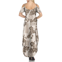 Vintage Hawaii Summer Maxi Dress Hibiscus Tapa Tribal With Hawaiian Quilt Pattern Gold LT9 - Polynesian Pride