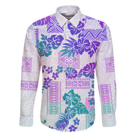 Vintage Hawaii Family Matching Off Shoulder Maxi Dress and Hawaiian Shirt Hibiscus Tapa Tribal With Hawaiian Quilt Pattern Purple LT9 Dad's Shirt - Long Sleeve Purple - Polynesian Pride