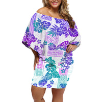 Vintage Hawaii Family Matching Off Shoulder Short Dress and Hawaiian Shirt Hibiscus Tapa Tribal With Hawaiian Quilt Pattern Purple LT9 Mom's Dress Purple - Polynesian Pride