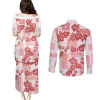 Vintage Hawaii Couples Matching Puletasi Dress and Long Sleeve Button Shirt Hibiscus Tapa Tribal With Hawaiian Quilt Pattern Red LT9 - Polynesian Pride
