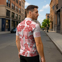Vintage Hawaii Zipper Polo Shirt Hibiscus Tapa Tribal With Hawaiian Quilt Pattern Red - Polynesian Pride