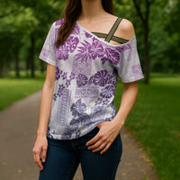 Vintage Hawaii Cross Shoulder Shirt Hibiscus Tapa Tribal With Hawaiian Quilt Pattern Violet - Polynesian Pride
