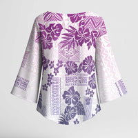 Vintage Hawaii Kimono Sleeve Blouse Hibiscus Tapa Tribal With Hawaiian Quilt Pattern Violet - Polynesian Pride