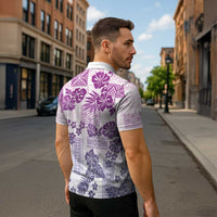 Vintage Hawaii Zipper Polo Shirt Hibiscus Tapa Tribal With Hawaiian Quilt Pattern Violet - Polynesian Pride