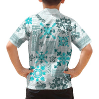 Hawaii Tapa Tribal Family Matching Off Shoulder Long Sleeve Dress and Hawaiian Shirt With Hawaiian Quilt Pattern Aqua LT9 - Polynesian Pride