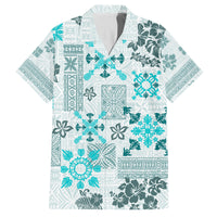 Hawaii Tapa Tribal Family Matching Off Shoulder Long Sleeve Dress and Hawaiian Shirt With Hawaiian Quilt Pattern Aqua LT9 Dad's Shirt - Short Sleeve Aqua - Polynesian Pride