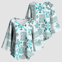 Hawaii Tapa Tribal Kimono Sleeve Blouse With Hawaiian Quilt Pattern Aqua - Polynesian Pride