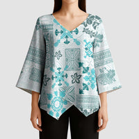 Hawaii Tapa Tribal Kimono Sleeve Blouse With Hawaiian Quilt Pattern Aqua - Polynesian Pride
