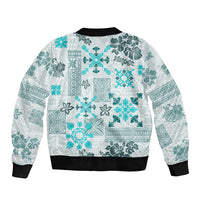 Hawaii Tapa Tribal Sleeve Zip Bomber Jacket With Hawaiian Quilt Pattern Aqua LT9 - Polynesian Pride