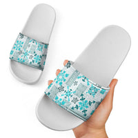 Hawaii Tapa Tribal Slide Sandals With Hawaiian Quilt Pattern Aqua - Polynesian Pride