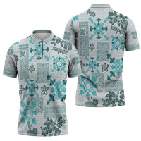 Hawaii Tapa Tribal Zipper Polo Shirt With Hawaiian Quilt Pattern Aqua - Polynesian Pride