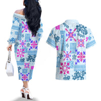 Hawaii Tapa Tribal Couples Matching Off The Shoulder Long Sleeve Dress and Hawaiian Shirt With Hawaiian Quilt Pattern Blue LT9 - Polynesian Pride