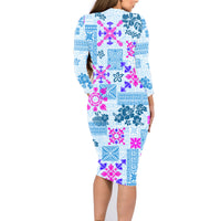 Hawaii Tapa Tribal Family Matching Long Sleeve Bodycon Dress and Hawaiian Shirt With Hawaiian Quilt Pattern Blue LT9 - Polynesian Pride