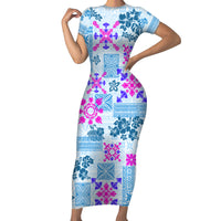 Hawaii Tapa Tribal Family Matching Short Sleeve Bodycon Dress and Hawaiian Shirt With Hawaiian Quilt Pattern Blue LT9 Mom's Dress Blue - Polynesian Pride