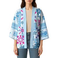Hawaii Tapa Tribal Kimono With Hawaiian Quilt Pattern Blue - Polynesian Pride